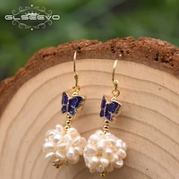 glseevo natural fresh water pearl romantic drop earringsfor women cloisonne butterfly trendy original designer earrings ge0971