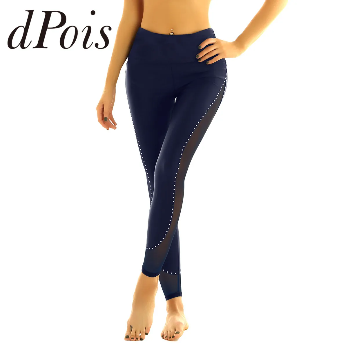 

Women Adults High Waist Yoga Pants Mesh Splice Side with Shiny Rhinestones Sports Leggings Female Skinny Fitness Training Pants