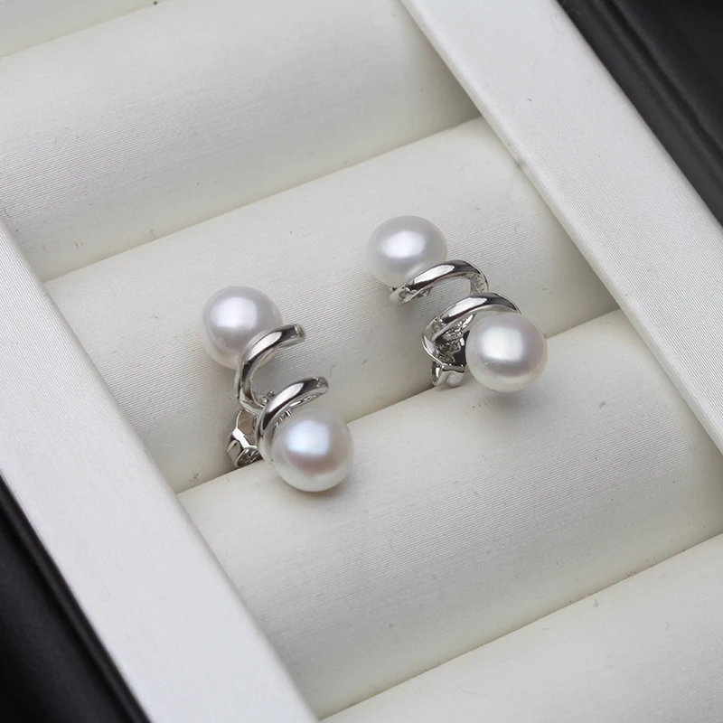 

Freshwater Pearl Stud Earrings For Women,Double Pearl Earrings Wedding 925 Silver Jewelry