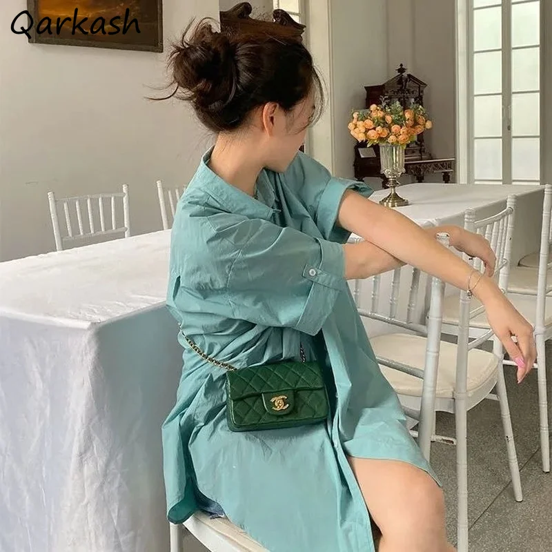 

Shirts Women Popular Solid All Match Mid-length Cool Cozy Female Turn Down Collar Summer Ulzzang Simple Vintage 2021 Casual New