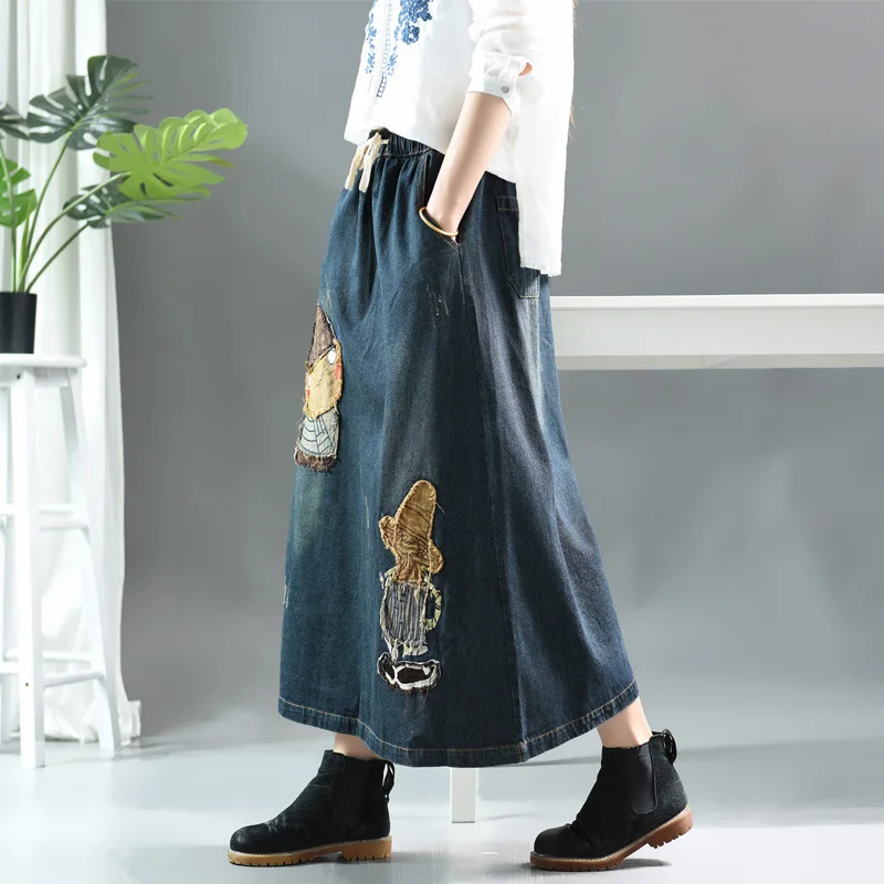 Осенняя юбка в стиле ретро Женская свободная джинсовая с эластичной резинкой на