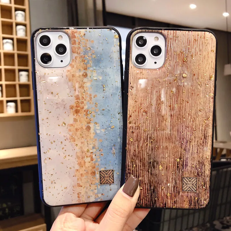 

Case For Iphone 12 11 Pro Max XR X Marble Gold Foil Cover For Iphone 8 7 S Max SE 2020 Mini 6 Plus Glitter Tempered Glass Shell