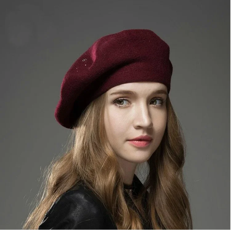 

YLWHJJ brand Women's Berets Hat Fashion Solid Color Wool Knitted Berets With Rhinestones Ladies French Artist Beanie Beret Hat