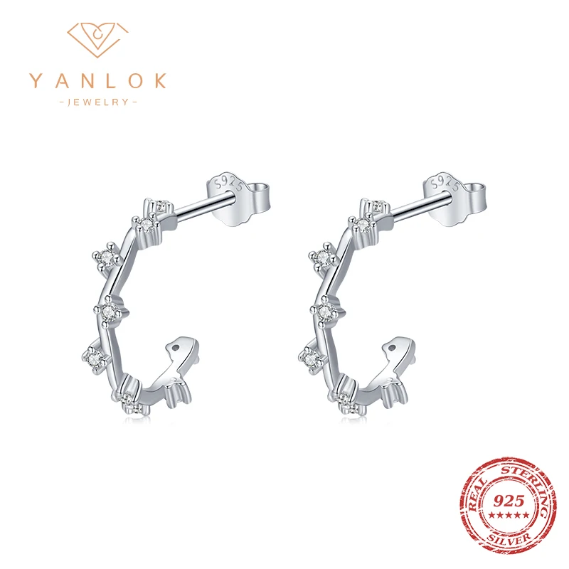 

YANLOK Authentic 925 Sterling Silver Shining Clear Zirconia Stud Earrings For Women Simple Branches Earrings Fine Jewelry Gift