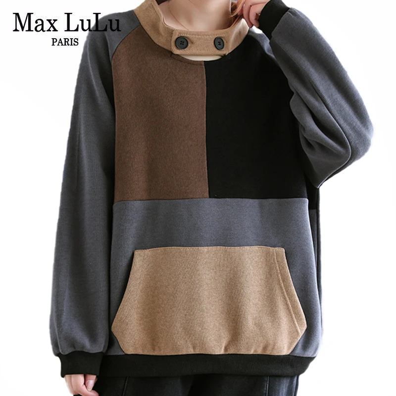 

Женские модные повседневные толстовки Max LuLu в стиле пэчворк зима 2021 женские свободные винтажные толстовки в британском стиле элегантная од...