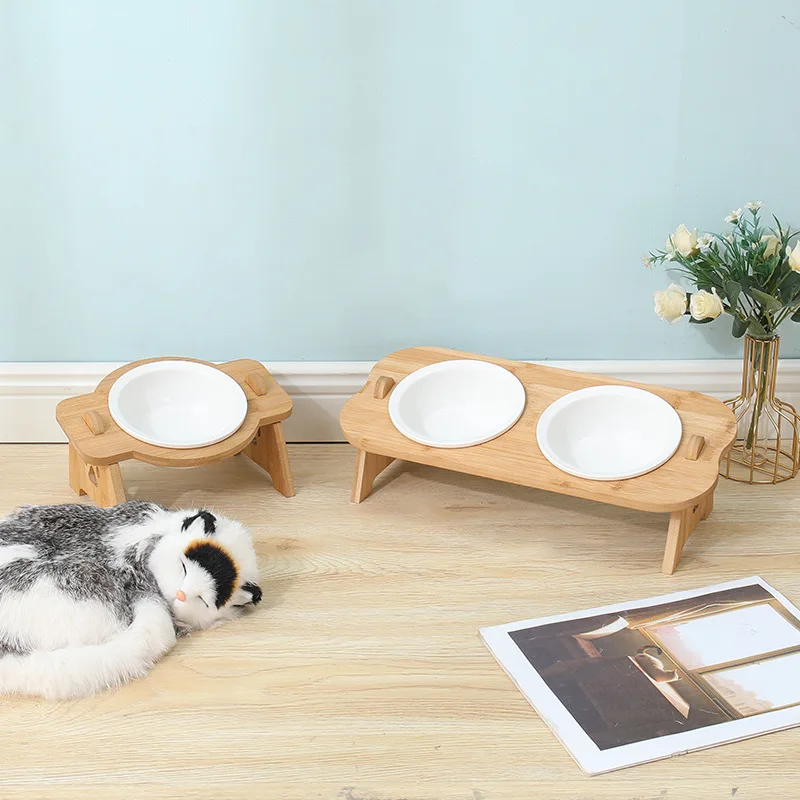 

Pet Bowls Cat Dog Feeders Bowl Stainless Steel/Ceramic Pet Food Tableware Water Bowl Bamboo Frame Raised Elevated Pet Supplies