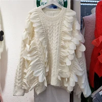 2021 autumn winter new long sleeve irregular lace knitwear womens fashion outer wear sweater girls lady apricot knit sweaters