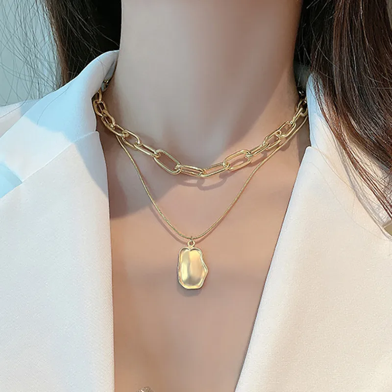 

Simple Irregular Oval Chunky Chain Double Layer Necklace for Women Girl Gold Silver Color Geometric Charming Pendant Necklace