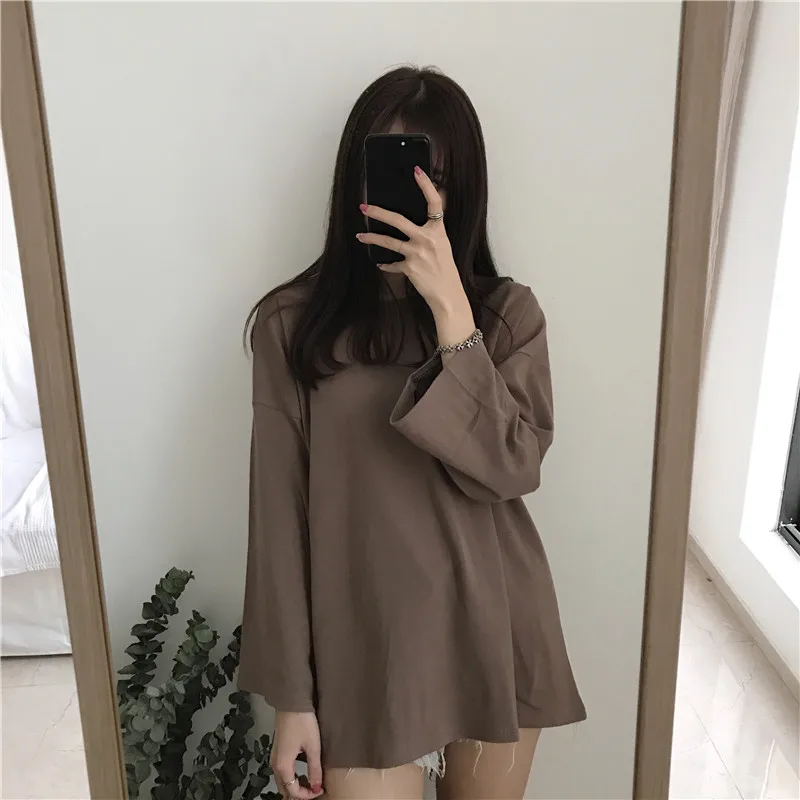 Однотонная свободная футболка с длинным рукавом в стиле Харадзюку женская ярких