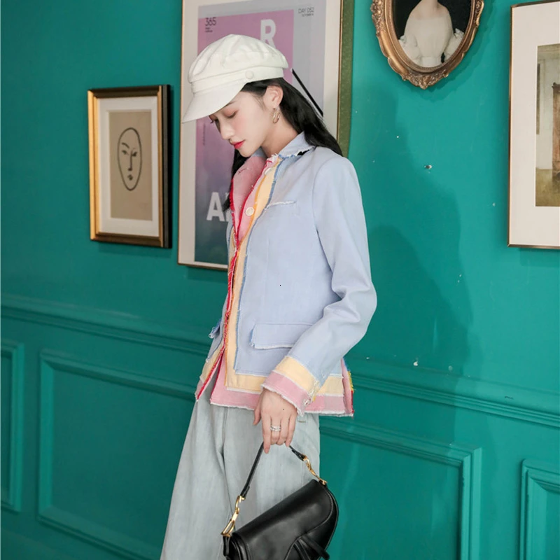 GALCAUR Patchwork Hit Color Women's Blazer Notched Long Sleeve Pockets Korean Female Coats 2019 Autumn Fashion New Clothing | Женская