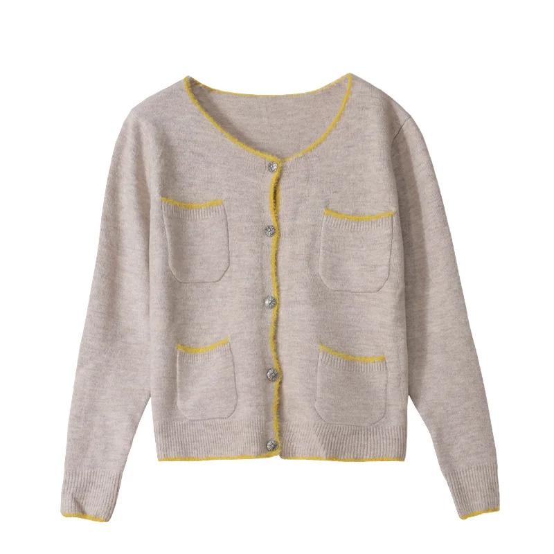 

Female Top Cardigan Fall Winter Contrast Color Edging Design Simple Pocket Soft Loose Knit Jumpers Coat Women Generous Sweater