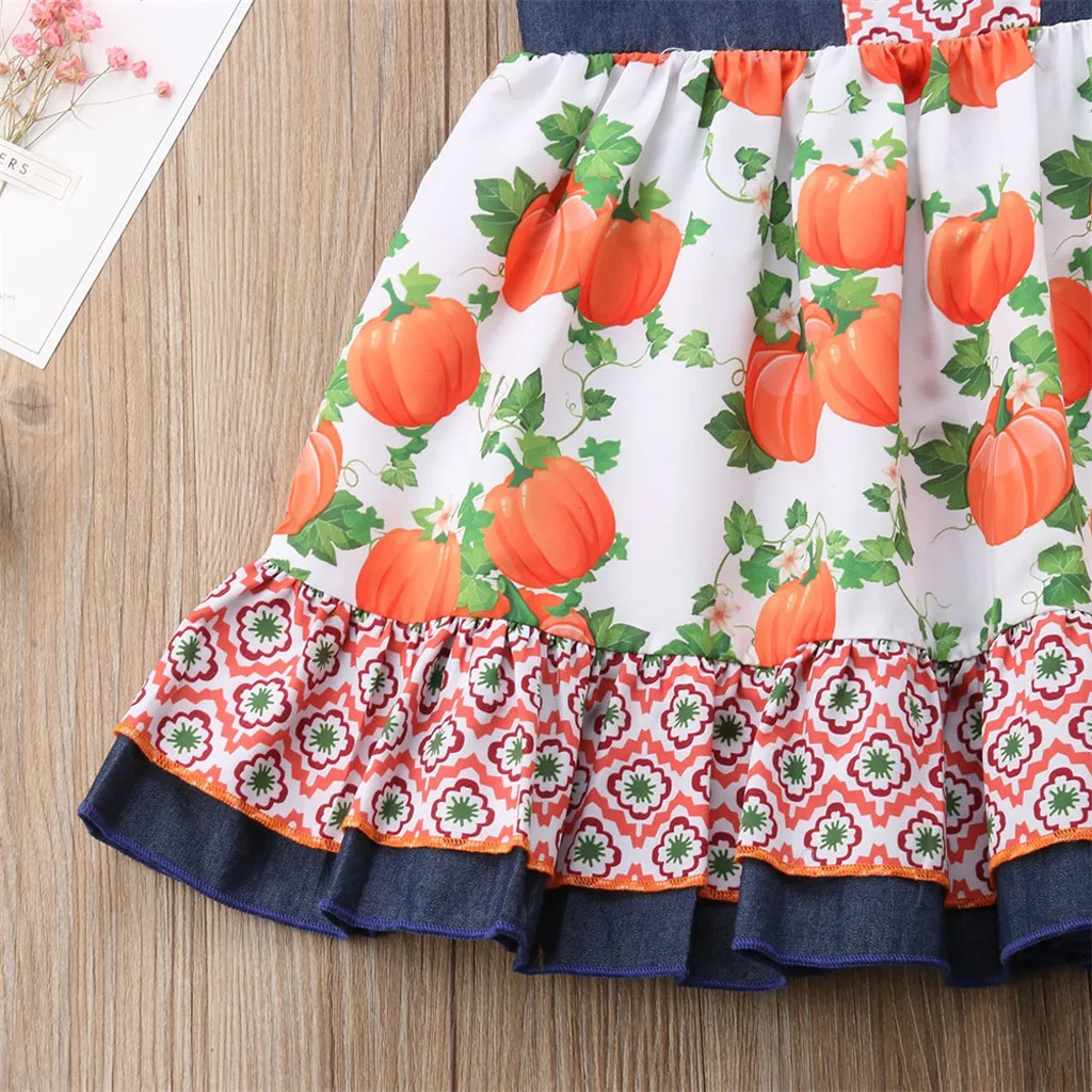 Детские платья для маленьких девочек Платье с рюшами и принтом тыквы на Хэллоуин