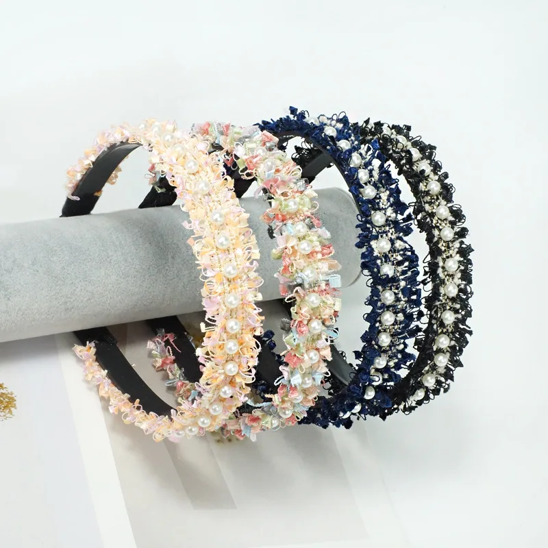 Женский жемчужный обруч для волос в Корейском стиле модная твидовая клетчатая