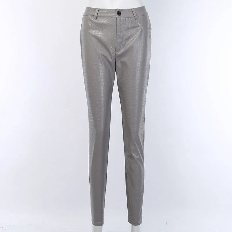 

Black High Waist Pencil Faux Leather Women Casual Elegant Carving Print Ankle Length Pants Streetwear Trousers