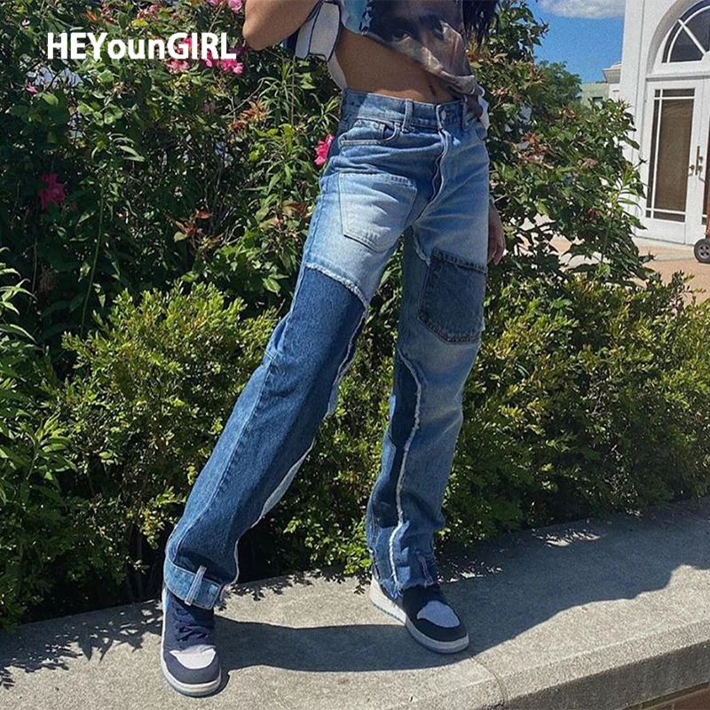 

Джинсы HEYounGIRL женские в стиле пэчворк, повседневные винтажные узкие длинные брюки из денима с завышенной талией, уличная одежда, осень 2021