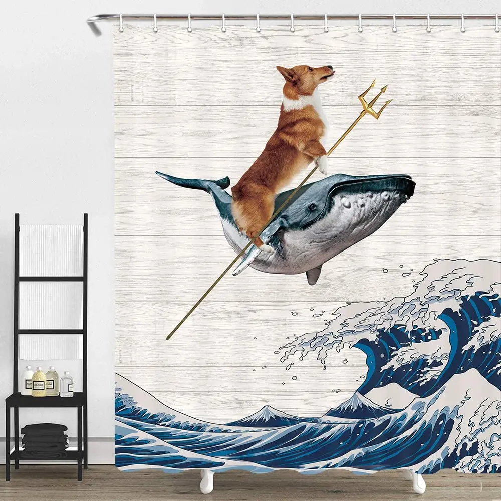 

Funny Corgi Dog Shower Curtain Corgi Rides a Whale Shower Curtain Kanagawa Great Wave Fabric Shower Curtain Set with Hooks