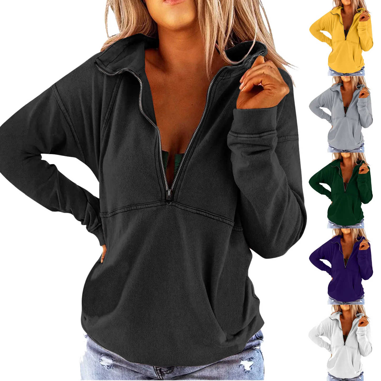 

Fashion Solid Zipper Blouse Shirt Loose Sexy V-Neck Tops Casual Autumn Winter Ladies Female Women Long Sleeve Blusas Pullover