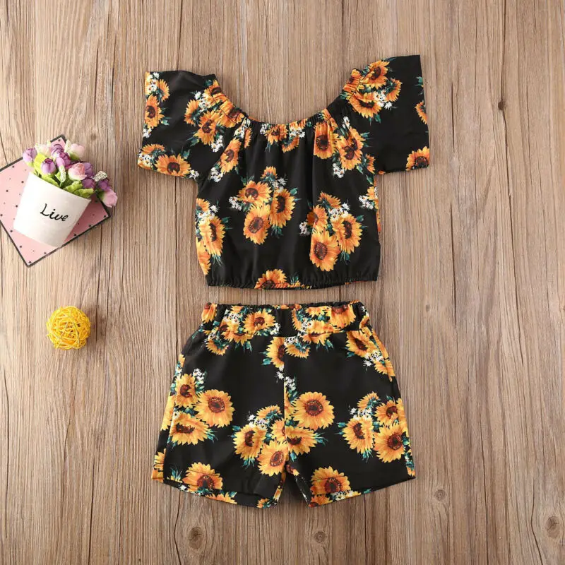 

2PCS Summer Toddler Baby Girl Sunflower Clothes Crop Top Vest Short Pants Outfit Girls Clothiing
