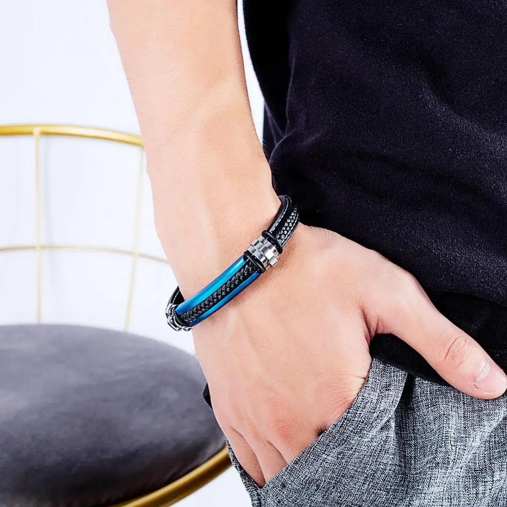 

Leather Braided Bracelet Bangle For Man Blue Stainless Steel Wristband Hand Jewelry Gift Wholesale