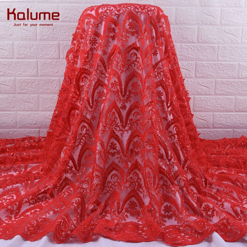 Kalume Red African 3D Lace Fabric Latest Fashion French Mesh Milk Silk Tulle With Sequins For Wedding Party 1906 | Дом и сад
