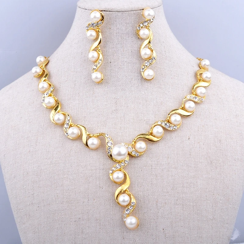 

Noble Jewelry Set White Yellow Gold Filled Pearl Necklace Earring Jewelry Set