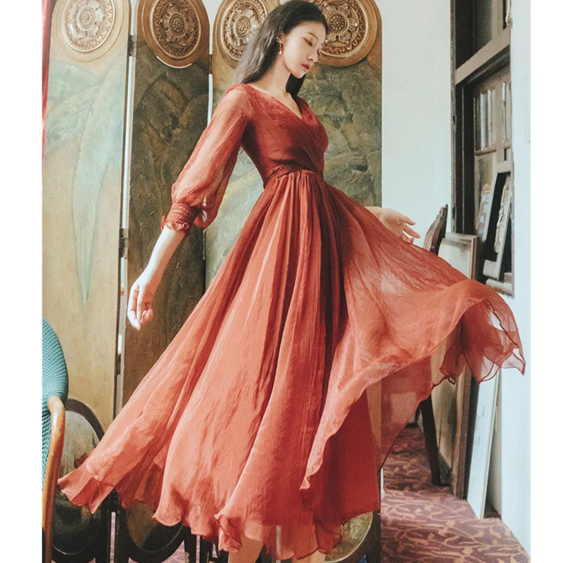 Женское длинное платье с рукавами фонариками элегантное винтажное шелковое из