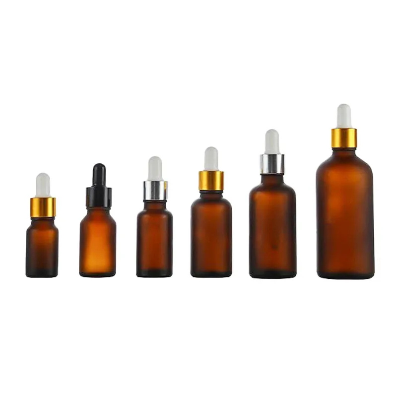 

360pcs 5ml 10ml 15ml 20ml 30ml 50ml 100ml Frosted Amber Bottle With Gold Silver Dropper Glass Essential Oil Refillable Vials