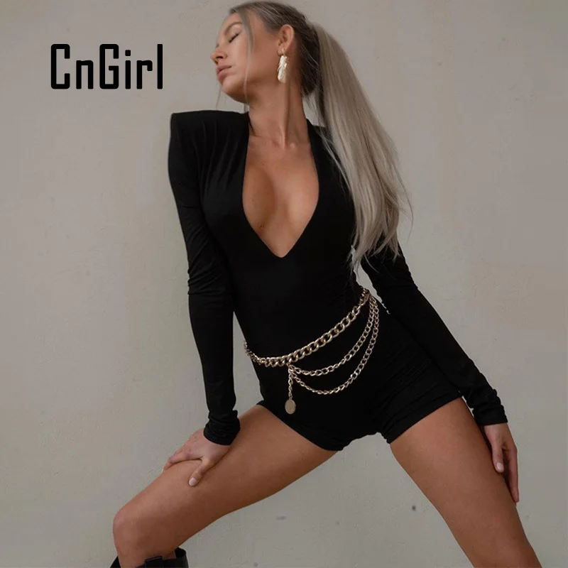 

CnGirl 2021 Autumn Casual Playsuit Women Fashion V-Neck Long Sleeve Solid Color Skinny Bodycon Female Romper Jumpsuit Blusas Top