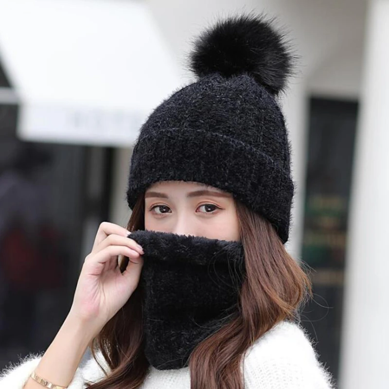

Brand New Winter Hat Women Velvet Thick Warm Skullies Beanie Hats Lady Chenille Knit Hat Bib Female Outdoor Sets 2 Wool Caps