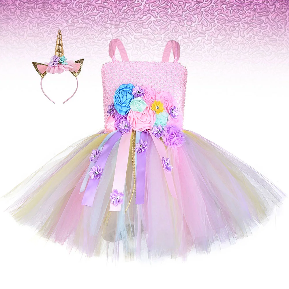 

Kids Birthday Dress Unicorn Dress Gauze Skirt Girls Cosplay Party Costume Fashion Dress with Hair (Size S, Suitable for 1-2