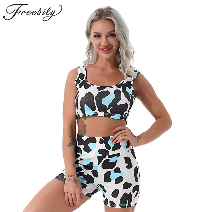 

Women Sport Suits Gym Yoga Sports Set Camouflage Print Crop Vest Tops and High Waist Shorts Set Running Workout Suits Sportswear