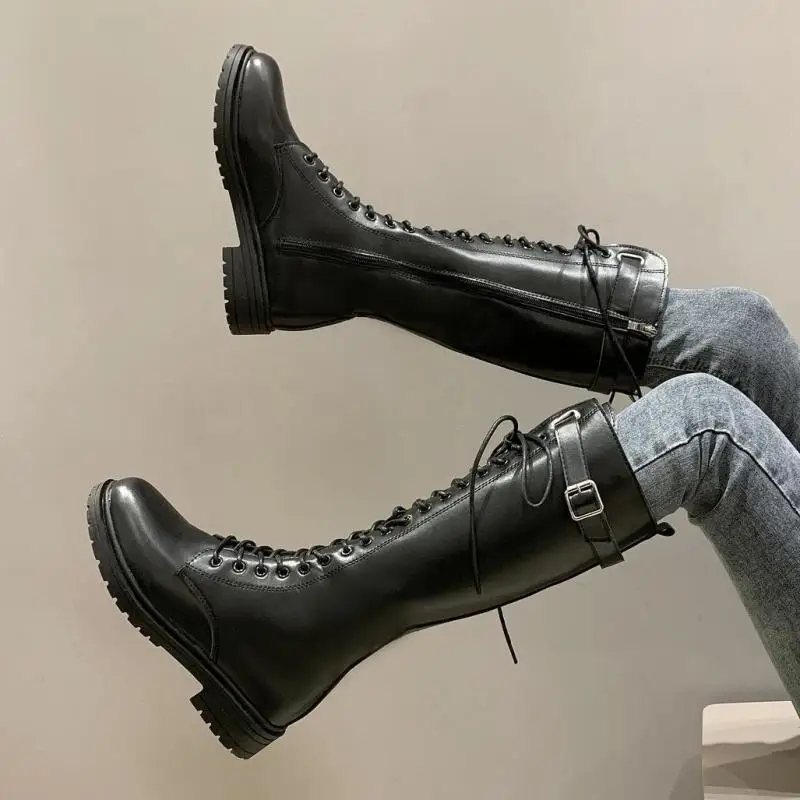

2022 Classic Fashion Black Buckle Strap Long Boots Winter Shoes Women Zipper Ytmtloy Knee High Round Toe Square Heel Gothic Shoe