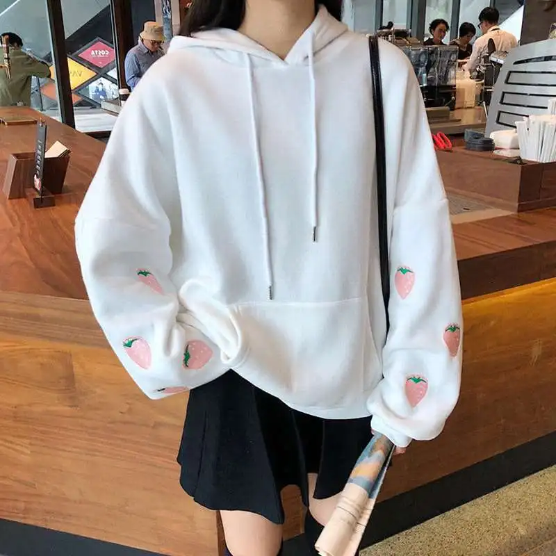 

QWEEK Kawaii Sweatshirt Women Strawberry Embroidery Lavender Hoodies for Teen Girls Pink Korean Baggy Long Sleeve Hoodie Women