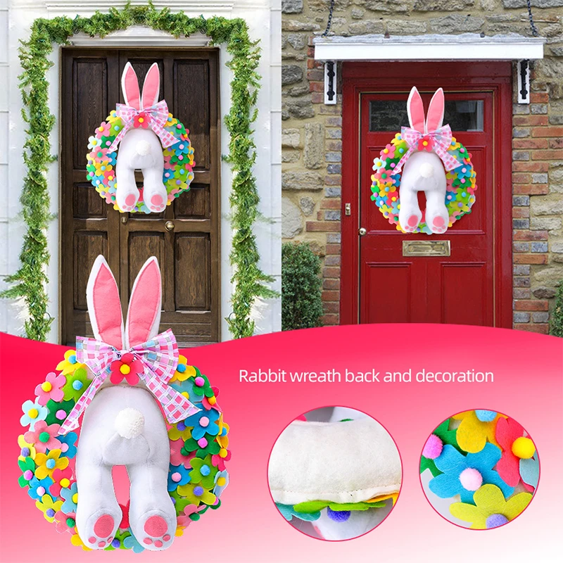 

Easter Bunny Shaped Garland Door Hanging Creative Flower Fabric Garland Rattan Ring Pendant