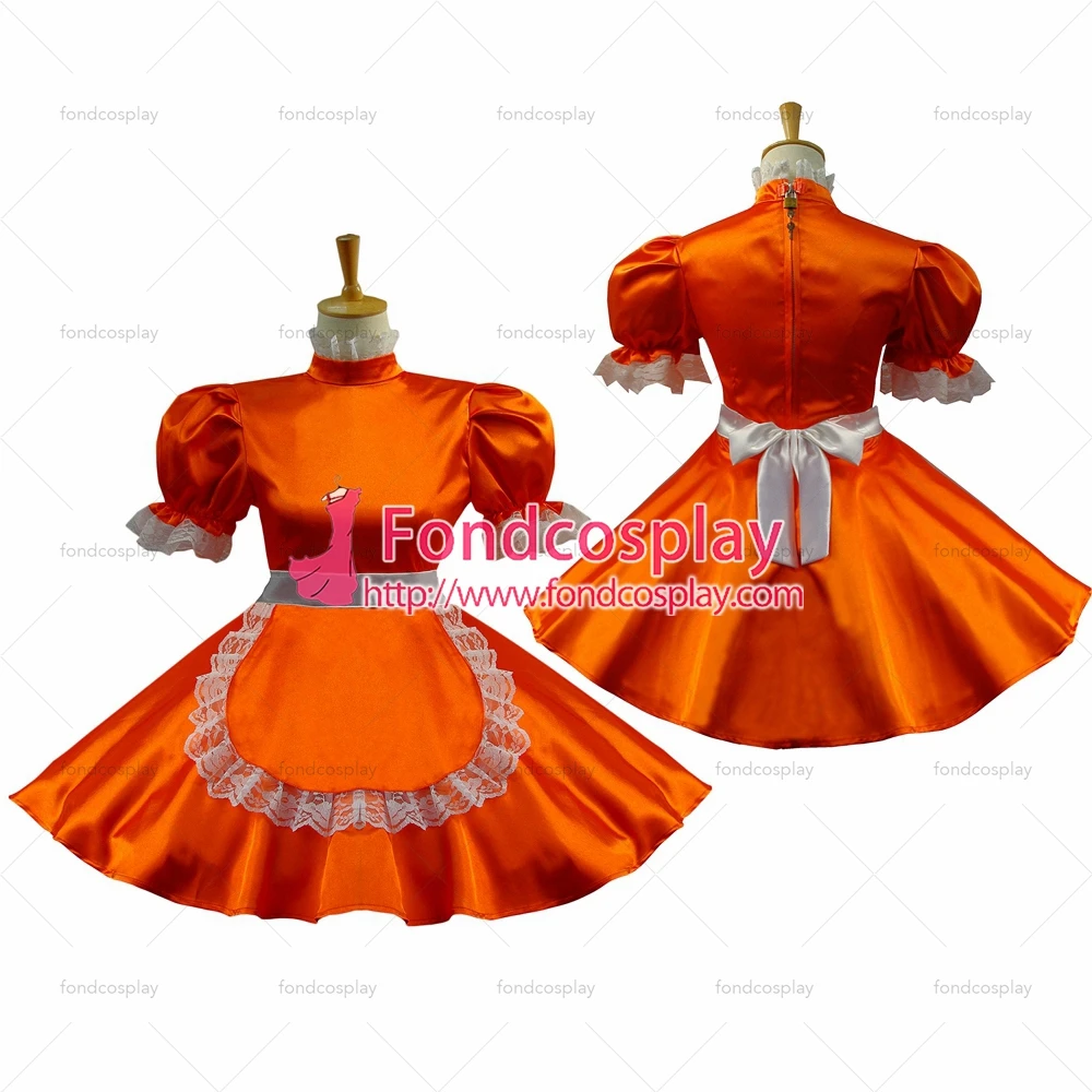 

fondcosplay adult sexy cross dressing sissy maid short Orange Satin Dress Lockable apron Uniform Costume Custom-made[G584]