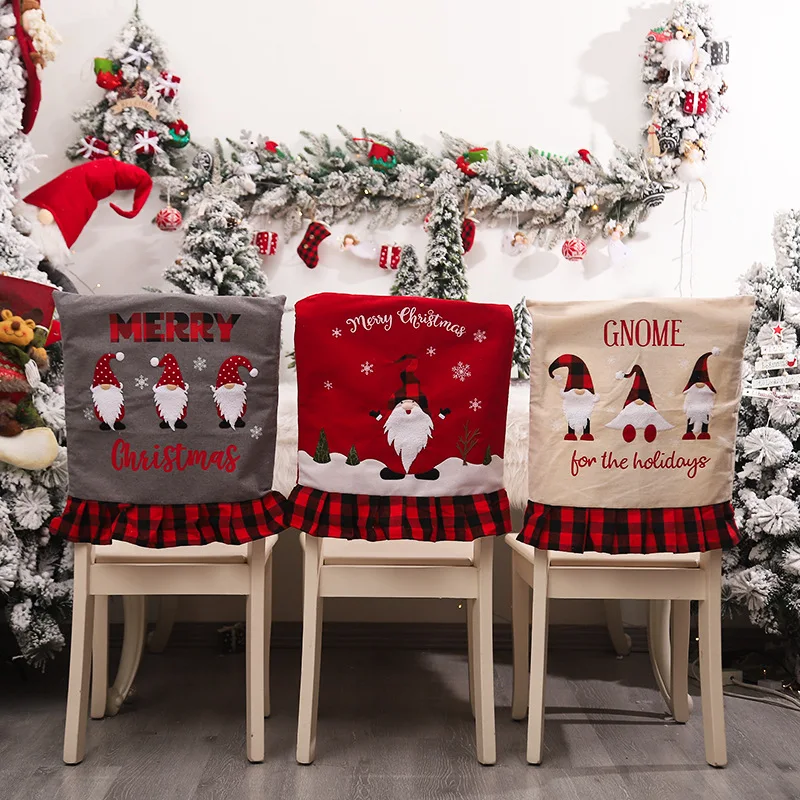 

New Christmas Decorative Product 2021 Plaid Chair Back Cover Embroidered Faceless Elderly Chair Cover for Christmas Family Party