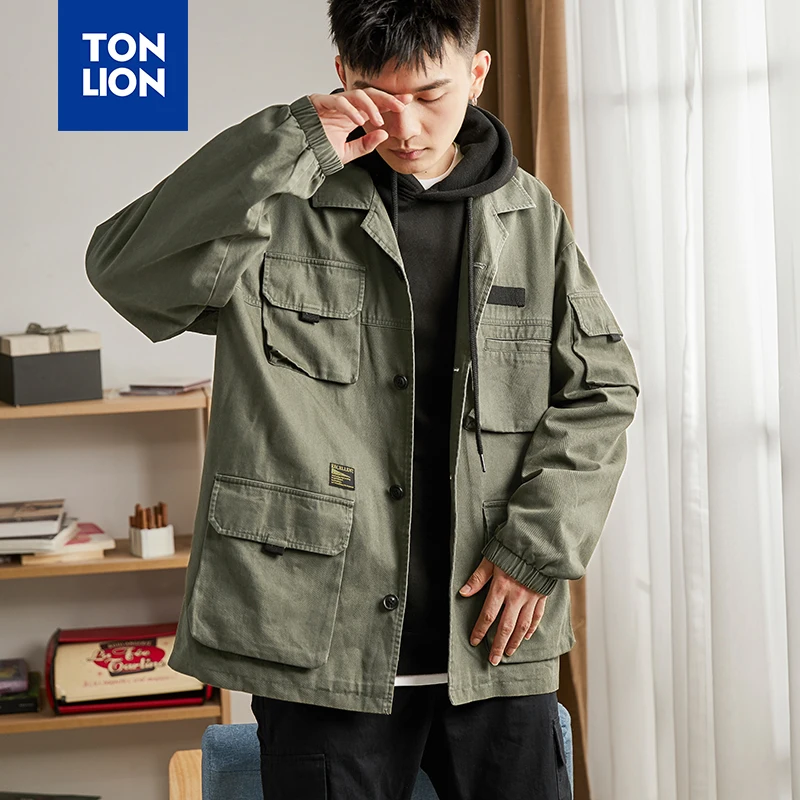 Мужская куртка с несколькими карманами TONLION свободная однотонная из хлопка