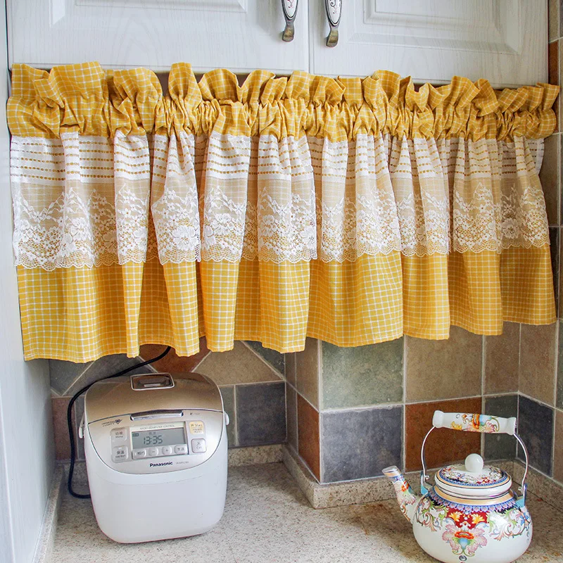 luxury embroidery bay window curtains lace short curtain for kitchen cabinet door separate panel plaid drapes cafe half curtain free global shipping