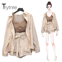 trytree spring summer women three piece sets casual turn down collar plaid tops shorts wide leg pants suit set 3 piece set