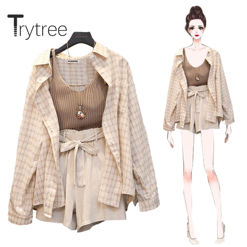 Trytree весенне летний женский комплект из трех предметов повседневный клетчатый