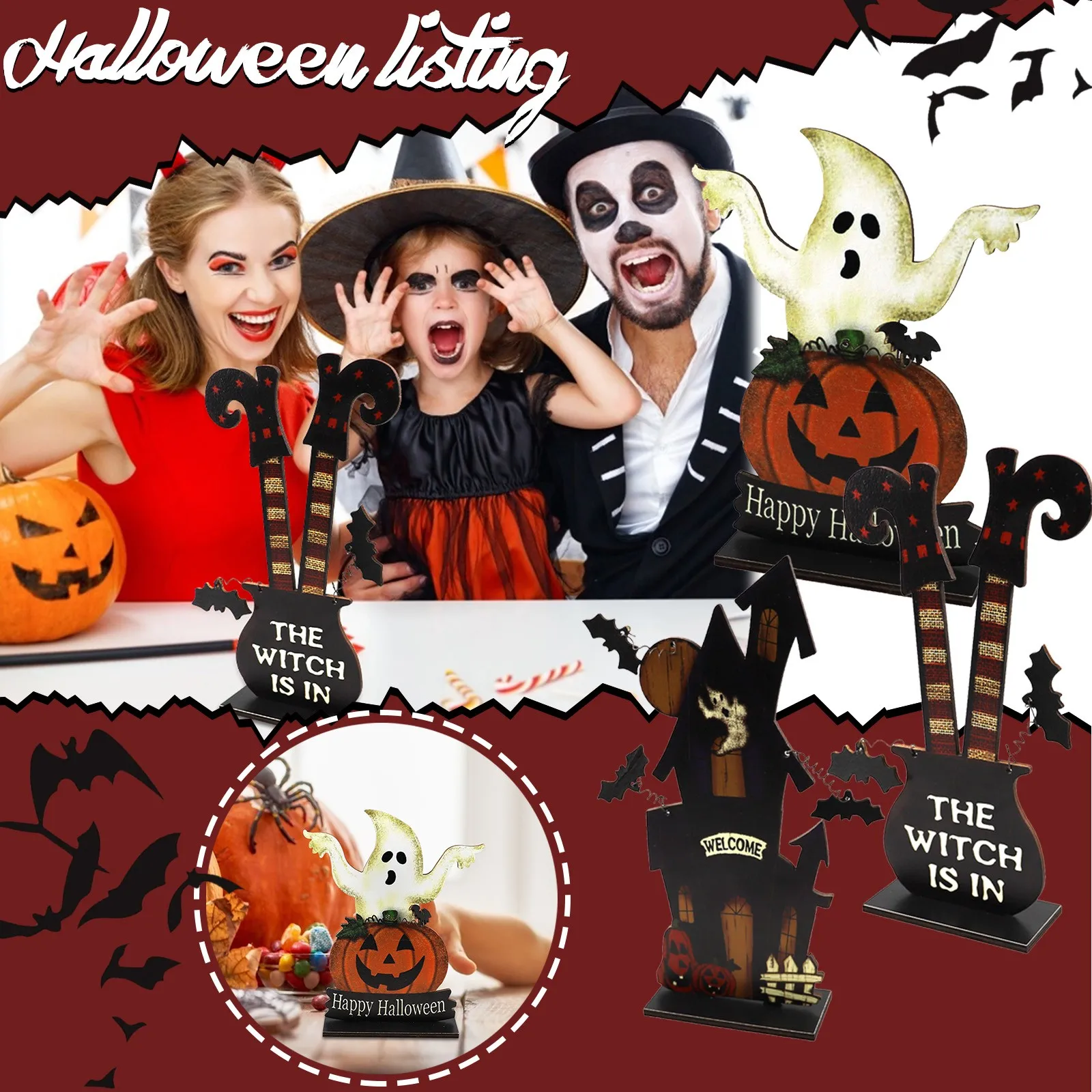 Деревянная подвесная доска с узором на Хэллоуин декоративная тарелка