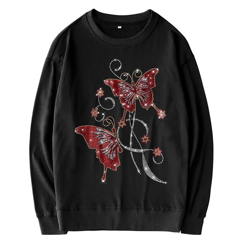 

Spring Autumn Fashion Loose Sweatshirts Women Creativity Butterflies Hot Diamonds Pattern Casual O-Neck Hoodies 735