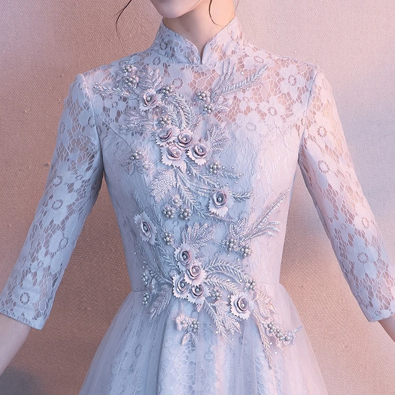 

Gray Lace Embroidery Evening Cheongsam Flower Womens Party Dress Spring Chinese style Mandarin Collar Qipao Long Gown Vestido