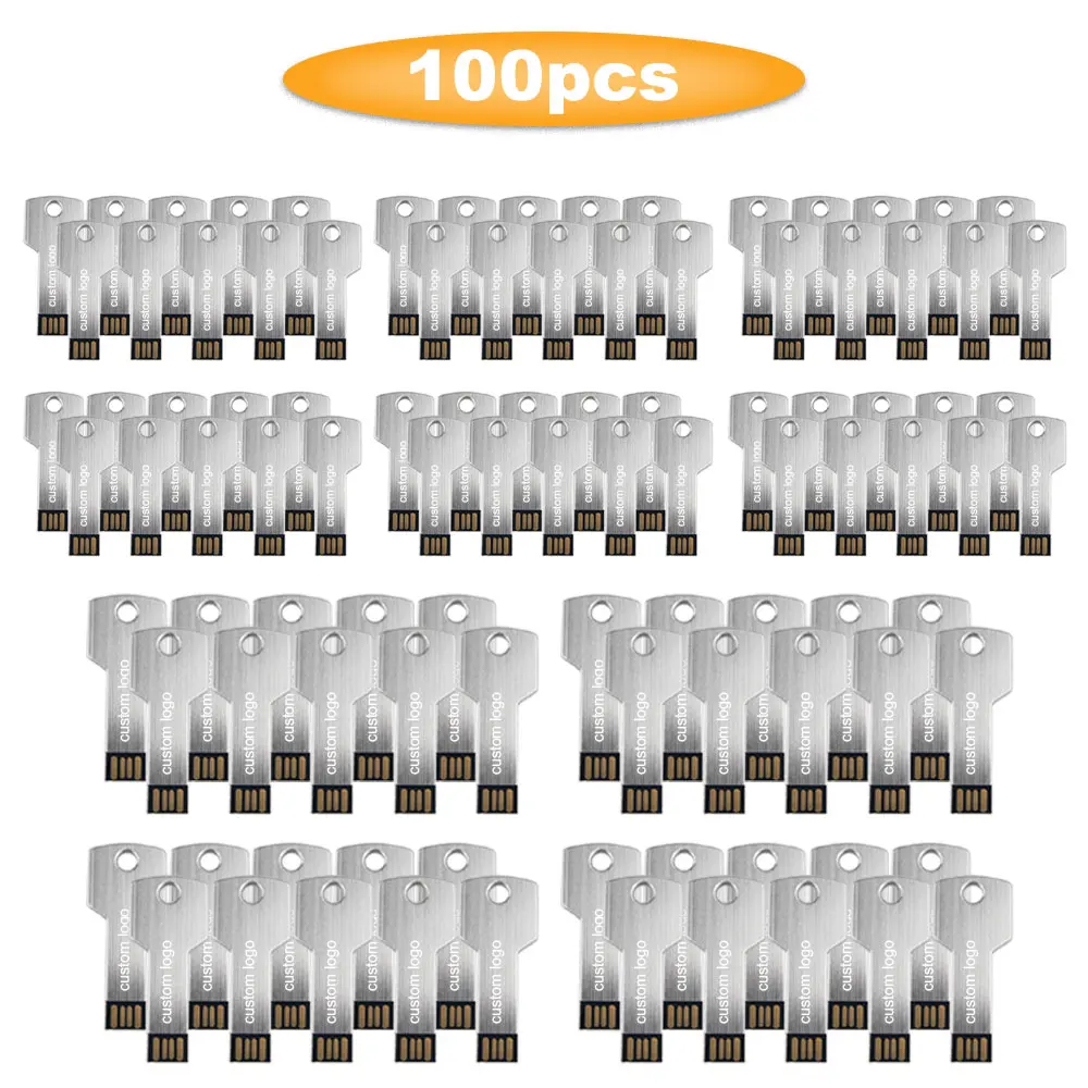 

100pcs/lot Free Logo Metal Usb Key Shape USB Pen Drive Flash Drive Memory Stick Pendrive 4GB 8GB 16GB 32GB 64GB U Disk for Gift