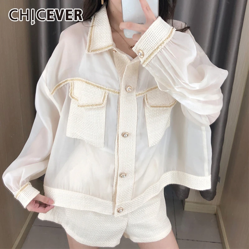 Женская твидовая блузка CHICEVER Лоскутная Блузка в Корейском стиле с отложным