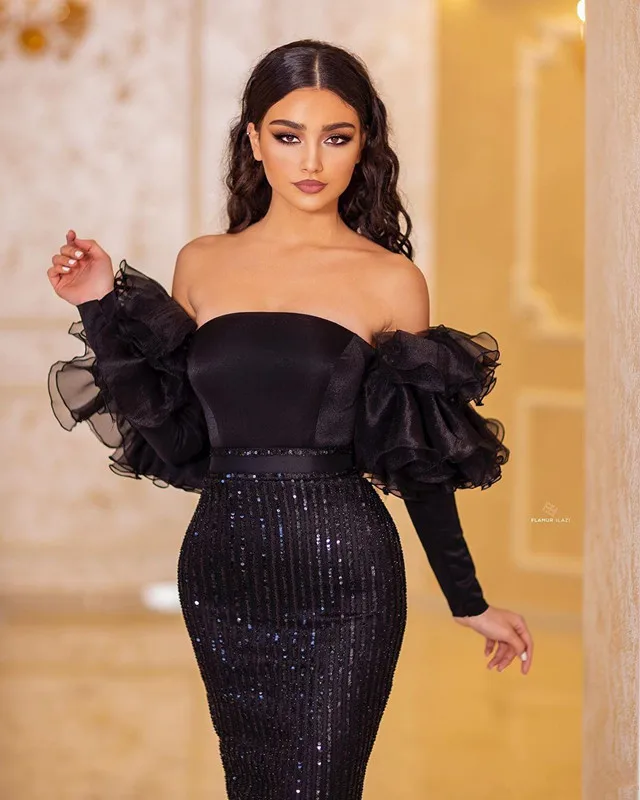 

Black Arabic Evening Dresses Strapless Sequins Ankle Length Long Sleeve Prom Dresses Custom Made Sheath Robes De Soire