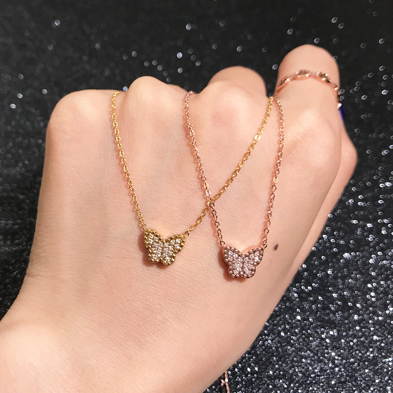 YUN RUO Rose Gold Color Micro Pave Zircon Stone Butterfly Pendant Necklace Titanium Steel Woman Jewelry Never Fade Drop Shipping | Украшения