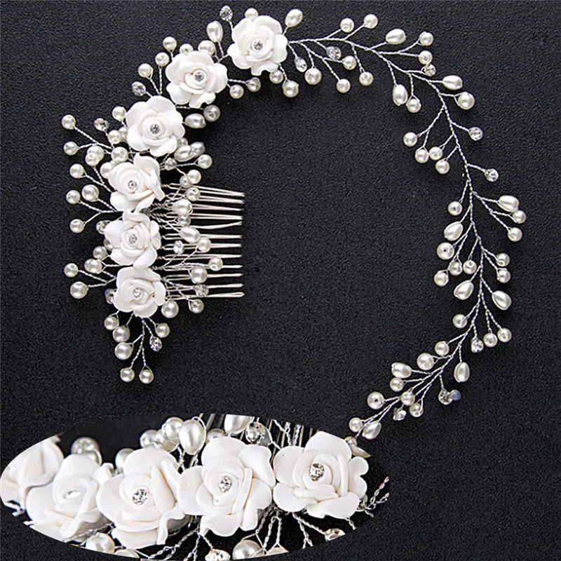 

White Flower Pearl Hair Comb handmade Russian Crystal Wedding Hair Accessories Bridal Hair Accessories exquisite elegant wedding