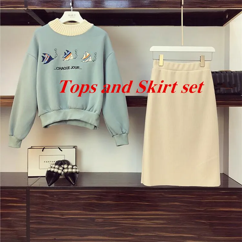 Tops and Skirt Set Осенняя новая толстовка юбка Студенческие костюмы модные женские мультфильм вышивка в виде рыбы пуловеры с надписями Топы+ однотонная трикотажная юбка комплект - Цвет: Tops and Skirt Set