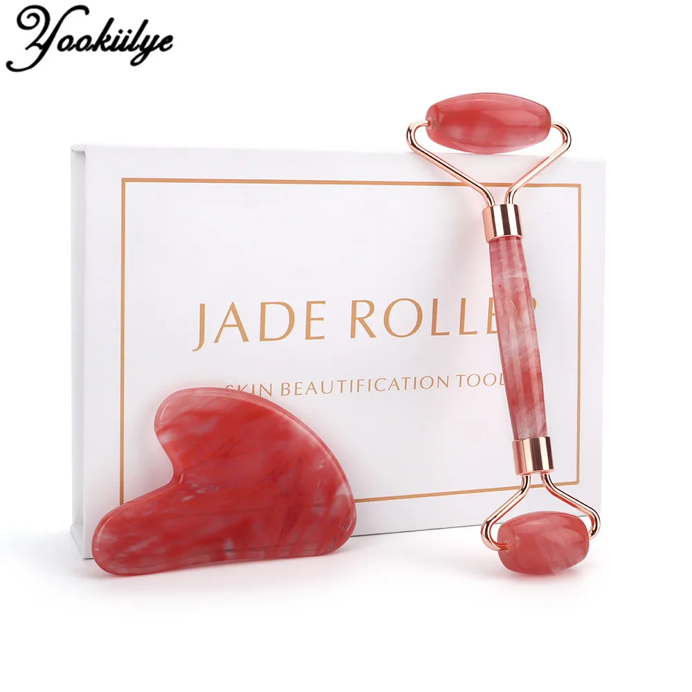 

2 Kinds Synthetic Red Pomegranate Crystal Roller Guasha Scraper Facial Massager Unnatural Jade Roller Face Lift Slimming Chin